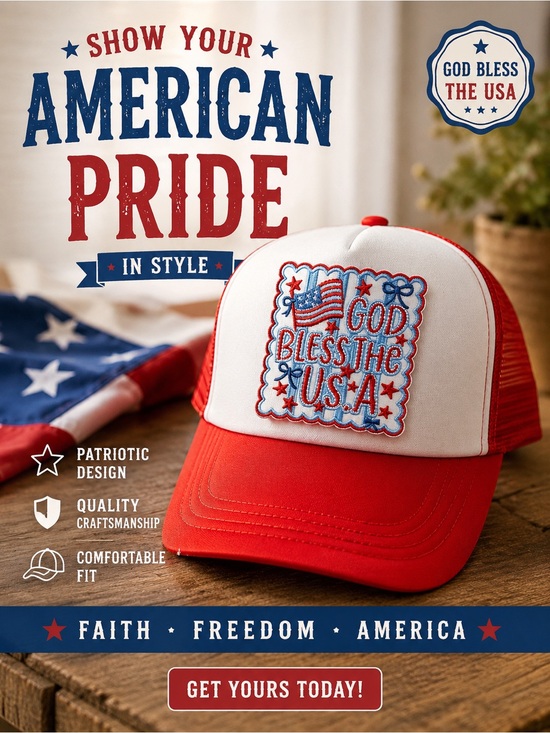 Amazon Accessories - Amazon Red and White Patriotic Trucker Hat - 'God Bless The USA' Patch